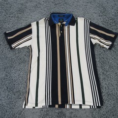 Vintage Basic Options Shirt Mens Large Blue Striped 100% Cotton Rugby Polo Macau