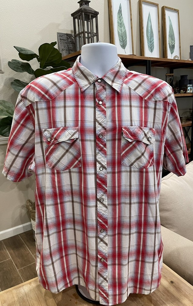 Elixir Mens Button Down Pearl Snap Shirt Size XL, Red White Plaid, 100% Cotton