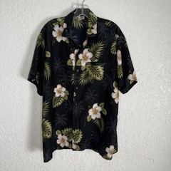 Rima L Aloha Hawaiian Shirt Black Floral Button Front Short Sleeve Terivoile