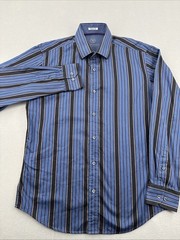 Bugatchi Shaped Fit Long Sleeve Button Down Mens M Blue Striped Flip Cuff