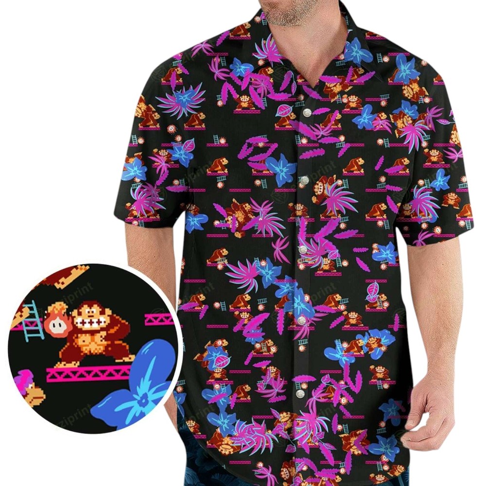 Donkey Kong Pattern Nintendo Video Games Hawaiian Shirt Funny Aloha Shirts for M