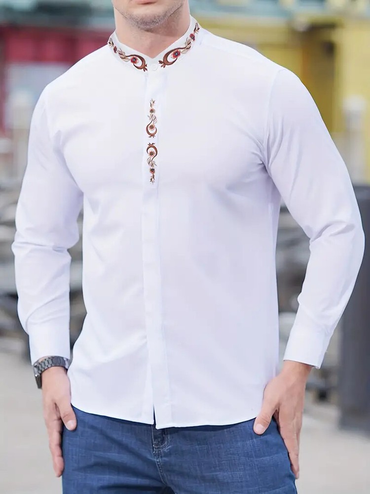 Button Up Embroidered Off White Classic Long Sleeve Henley Shirt Premium Dress T