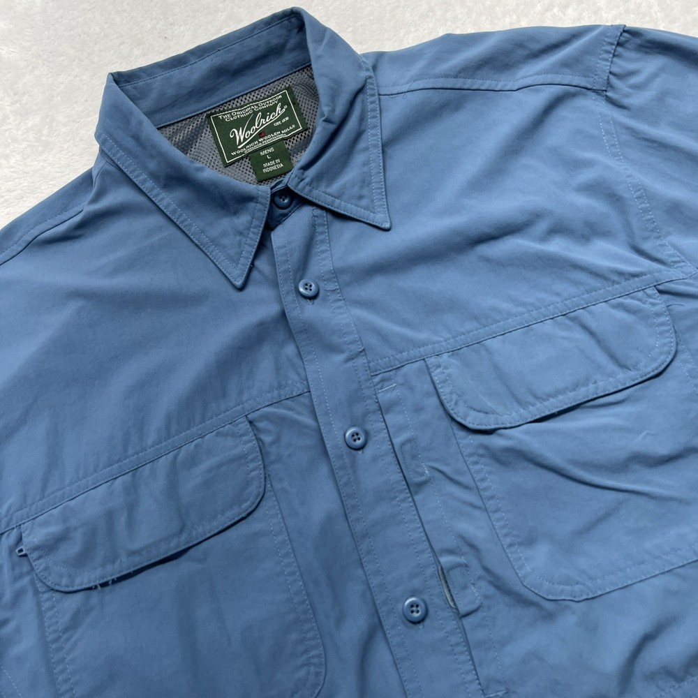 Woolrich Outdoor Button Down Chest Pockets Adjustable Sleeve Shirt Men L Blue