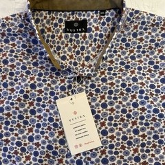 NWT Vustra Men’s Floral Pattern Button-Up Shirt – Blue & Orange Organic Cotton