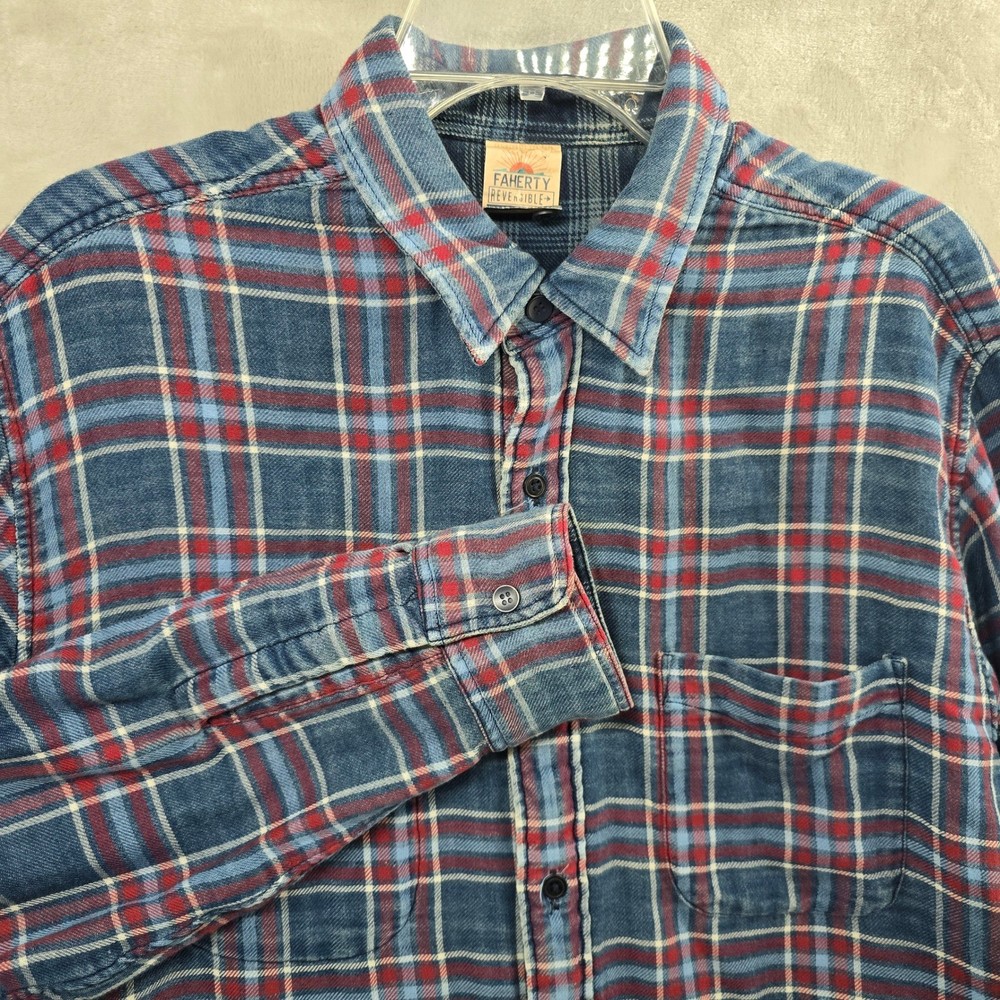 Faherty Size Large Reversible Plaid Flannel Shirt Blue Red Indigo Cotton