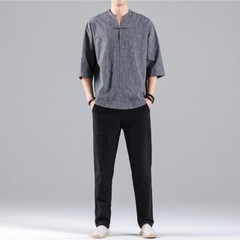 Men Cotton Linen T-shirt Half Sleeve Chinese Frog Button Crackled Pattern Ethnic