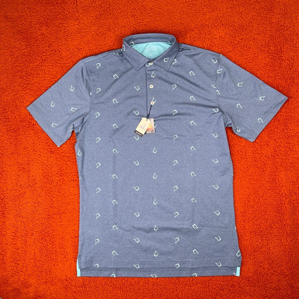 JOHNNIE-O Polo Shirt Mens MEDIUM Stretch Final Final Lake Blue Graphic Surf Golf