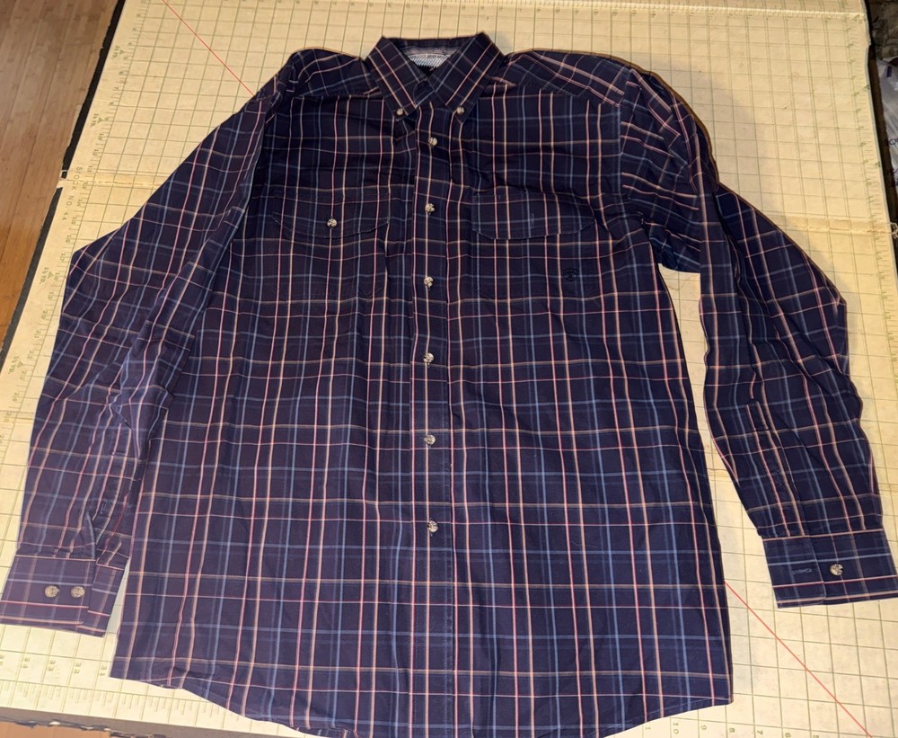 Ariat Pro Series Men’s Sz L Button Down Office Shirt Blue Plaid w/ Gussets