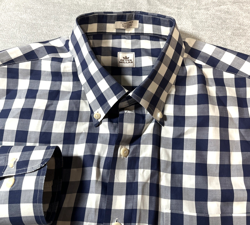 Peter Millar Men’s Medium Plaid Button Front Shirt Blue Green Purple Cotton