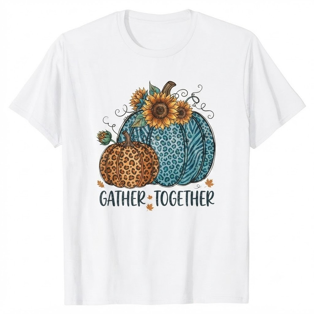 Gather Together Thanksgiving Fall Leopard Sunflowers Pumpkin T-shirt