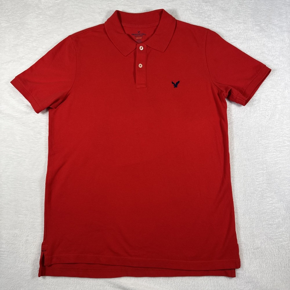 American Eagle Medium Red Polo Core Flex Classic Fit Navy Eagle Logo