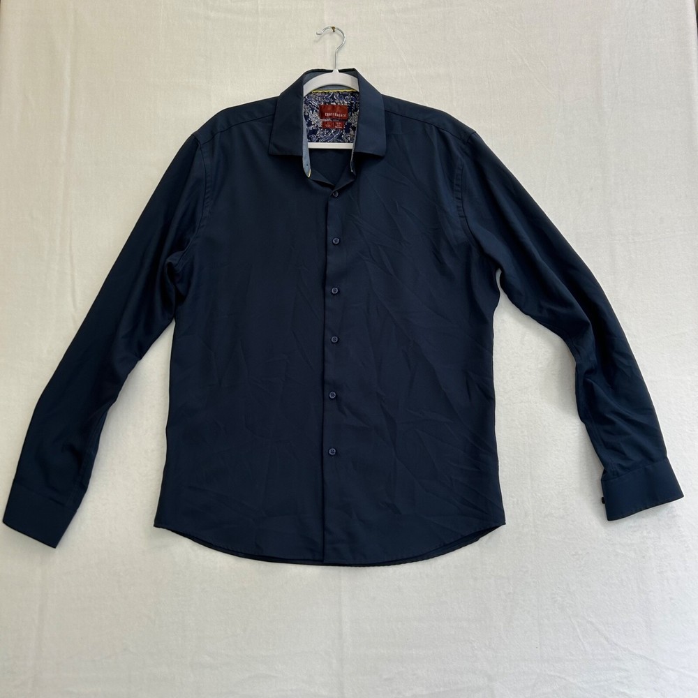 Consequence Long Sleeve Button Up Navy Dress Shirt Mens L 16-16.25, 34-35 Slim