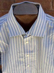 PINK Thomas Pink Shirt Mens 18 37 Classic Blue Striped French Cuff Cotton Dress