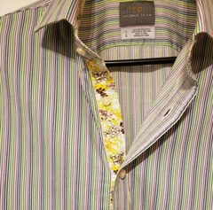 Thomas Dean Button Front Shirt Large L/S Contrast Cuff Multi-Color Stripe