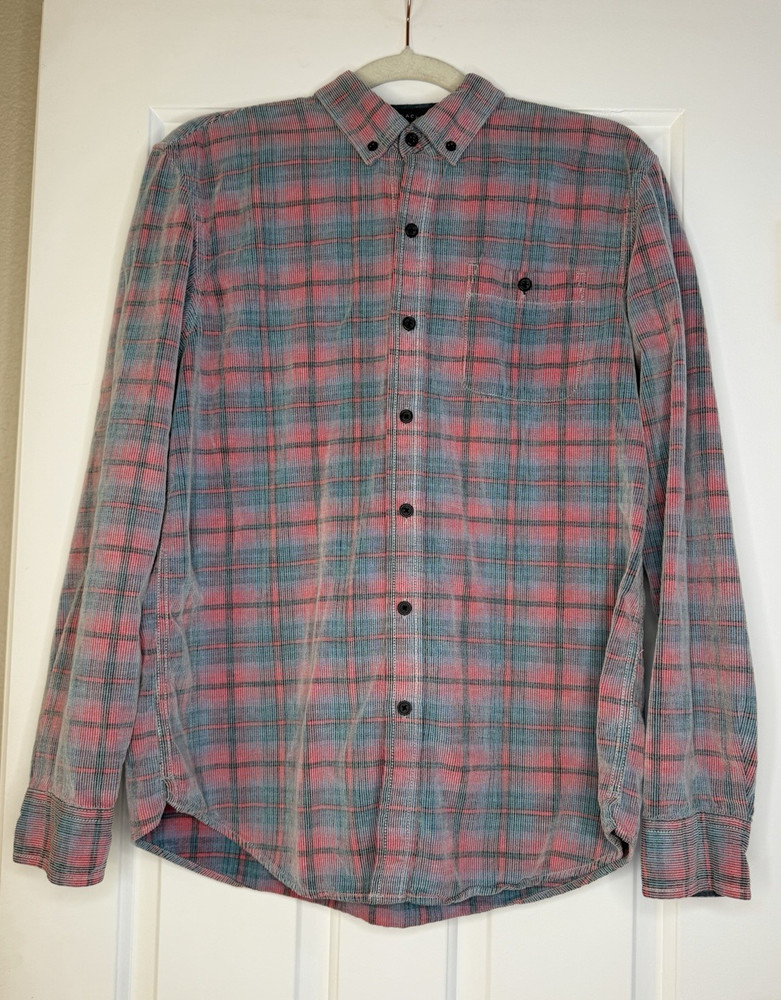 Copper & Oak Men’s Gray Pink Blue Plaid Woven Cotton Long Sleeve Button-Up M