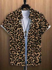 Button Down Shirts Leopard Graphic Print Short Sleeve Fashion Brown Party Up Tee