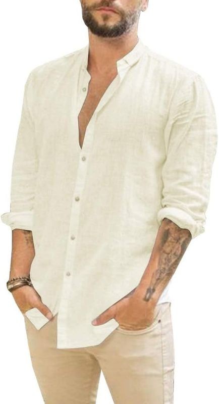 Men Linen Summer Shirt Button Down Long Sleeve Cotton Beach Band Collar Casual