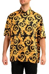 Versace Men’s Signature Print Black & Gold Short Sleeve Shirt US XL IT 54