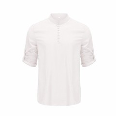 Autumn men’s solid color pullover henley cotton stand collar long sleeve shirt