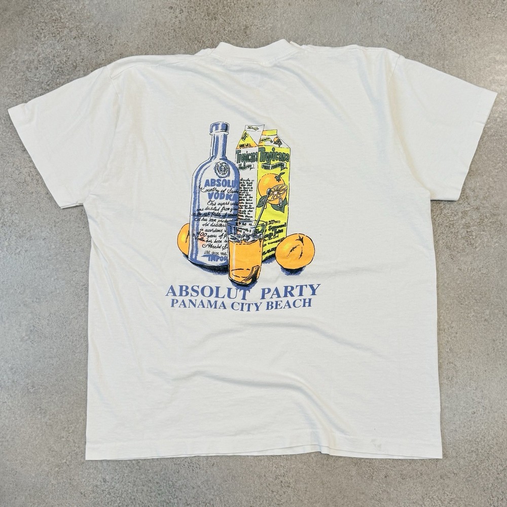 Vintage 90s Absolute Vodka Spring Break Tee Shirt XL White Panama City Beach