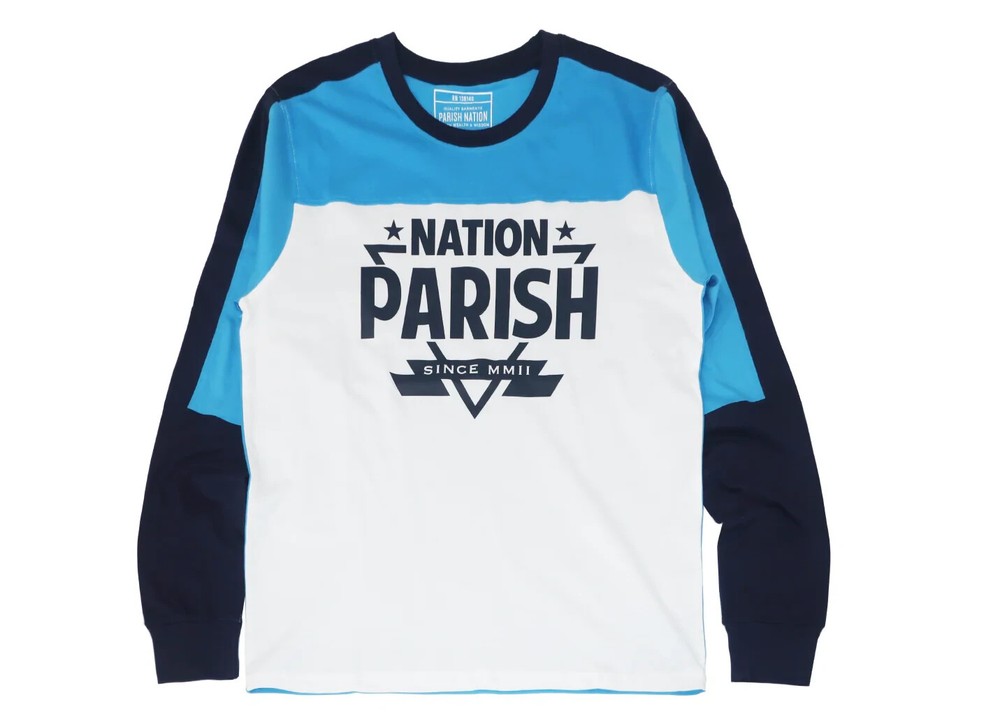 “Parish Nation Blue & White Men’s Script Long: Cutting Edge Streetwear for Men”