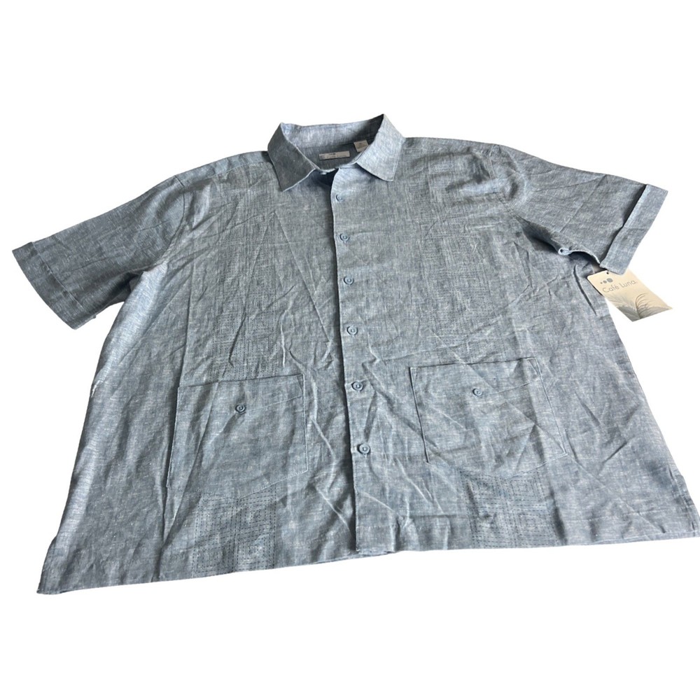 Cafe Luna Men’s Shirt Size XL Linen Blend Button Front Hawaiian Pockets Blue PA3