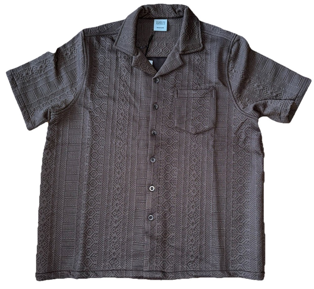Maison Article Ornate Jacquard Short Sleeve Button Up Shirt Brown Men’s Medium