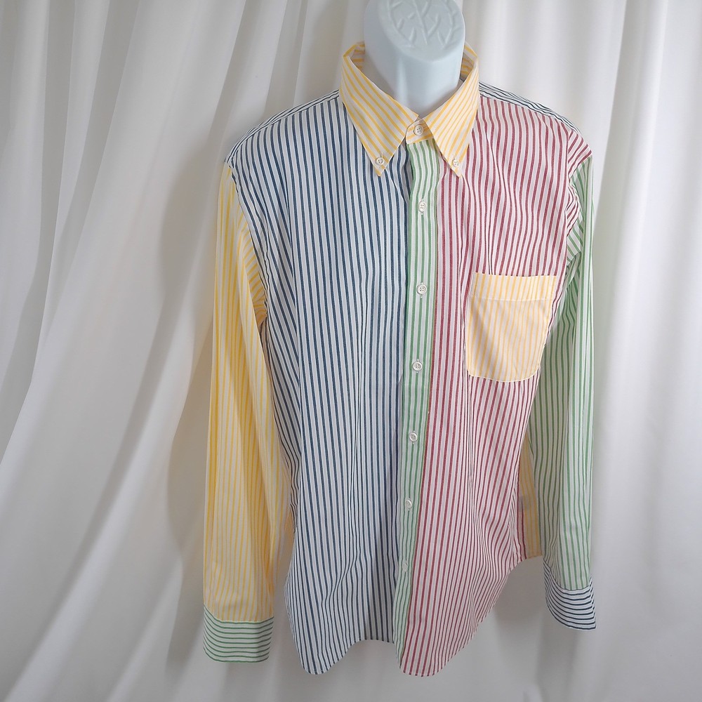 Rowing Blazers Fun Shirt Patchwork Striped Multi Color Button Down Large NWT