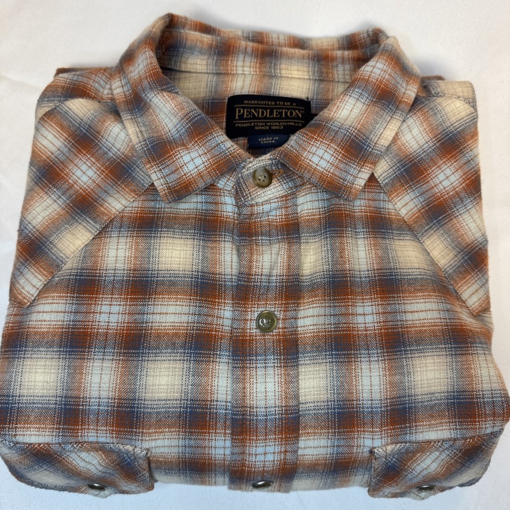 Pendleton Men’s Wyatt Snap Plaid Shirt Orange And Blue Sz L100% Cotton