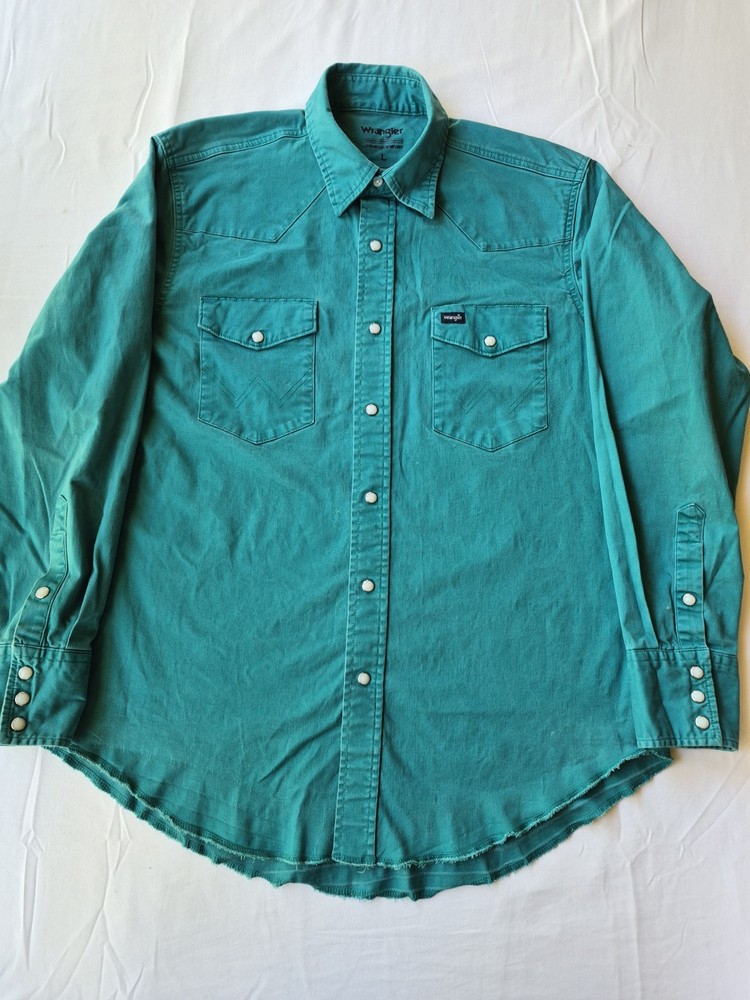 Wrangler Premium Performance Western Shirt Teal L Long Sleeve Button-Up Men