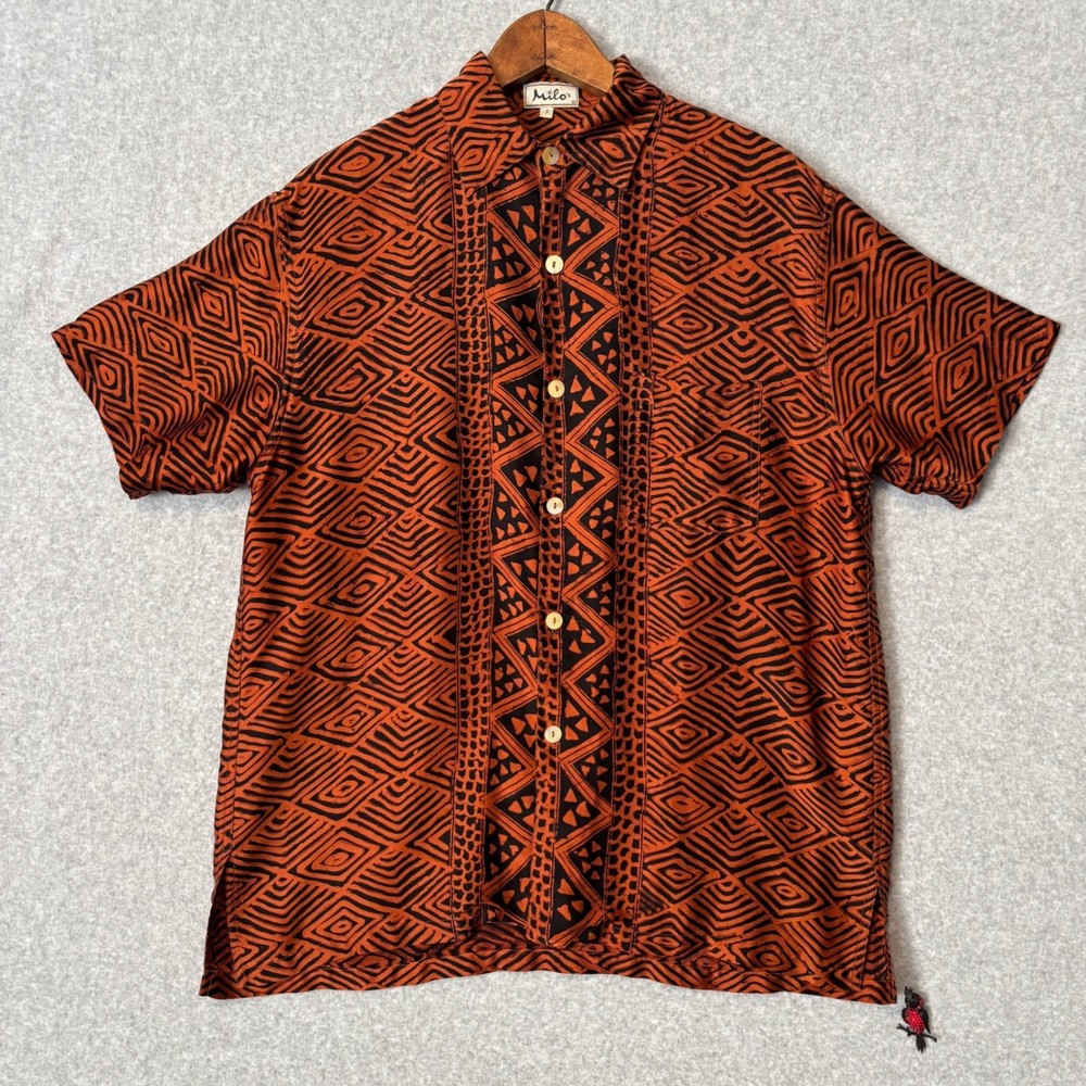 Milo’s Men’s S Short Sleeve Button Down Shirt 100% Silk Orange Black Geometric
