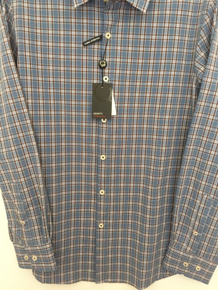 Quieti Performance Medium M Button Front Long Sleeve Shirt Blue Plaid Mens NWT