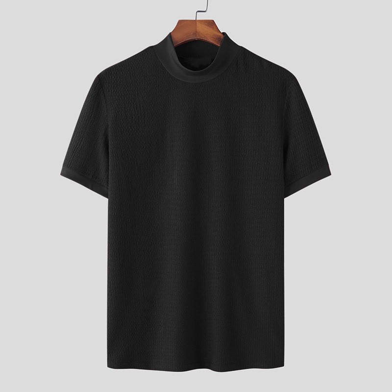 ‌New Summer Solid Knit High Neck Water Ripple Tee