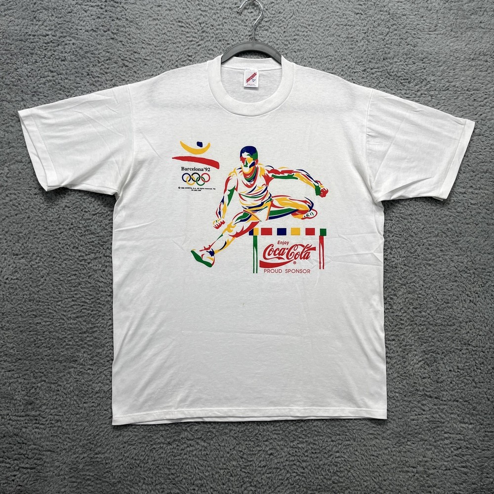 Vintage Barcelona 92 Coca-Cola Olympics Shirt Mens XL White Graphic Sponsor 90s