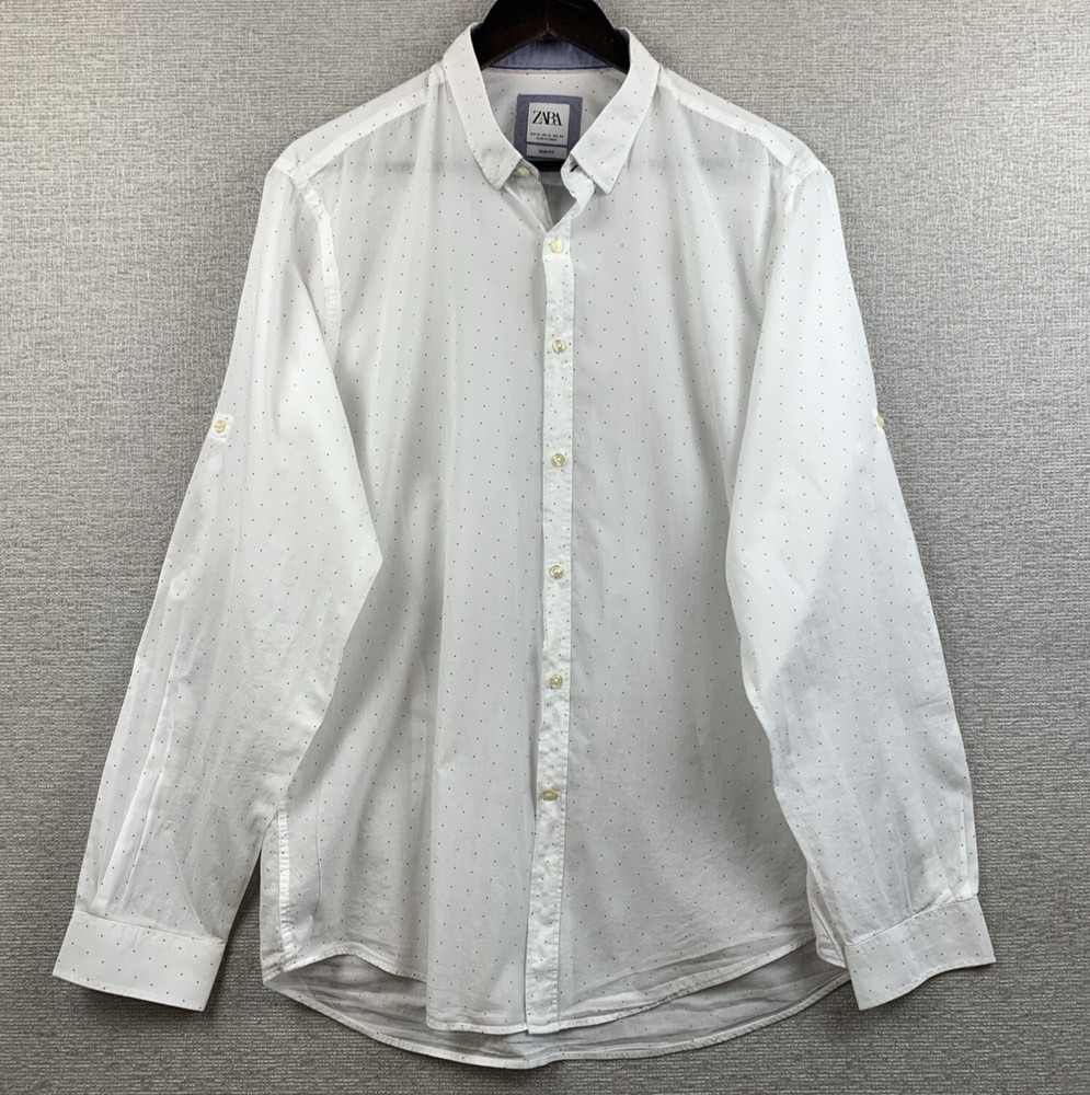 ZARA Button Down Shirt Men’s Size Extra Large Slim White Polka Dot Casual Modern