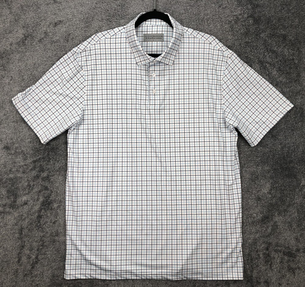 Gunner & Hook Polo Shirt Mens Large White Blue Check Golf Performance Stretch
