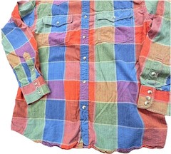 Bit & Bridle Patch Work Multi Color Plaid Button Up Shirt Men’s Large Pearl Snap