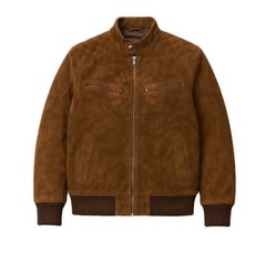 Men’s Brown Suede Leather Bomber Jacket Quilted Shoulder Cafe Racer