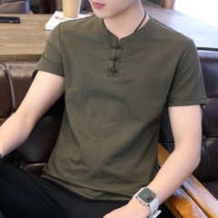 Men Ethnic Top T-shirt Short Sleeve Frog Button Tang Suit Chinese Style T-shirt