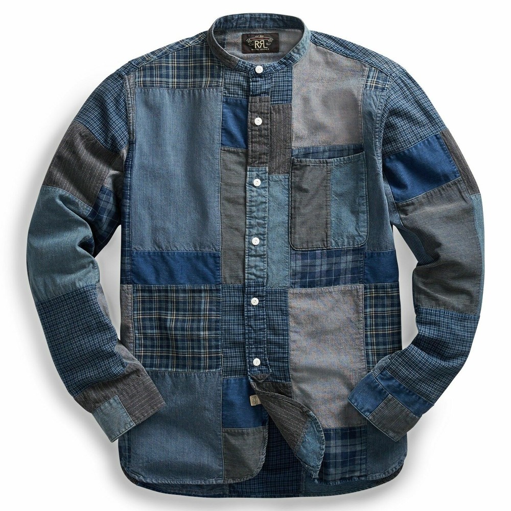 RRL Ralph Lauren Patchwork Banded Blue Shirt Navy Collarless Men’s Small S