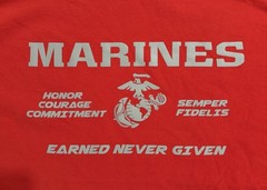USMC “MARINES – EARNED NEVER GIVEN” Red T-Shirt – Size L – by MV Sport – NWT!