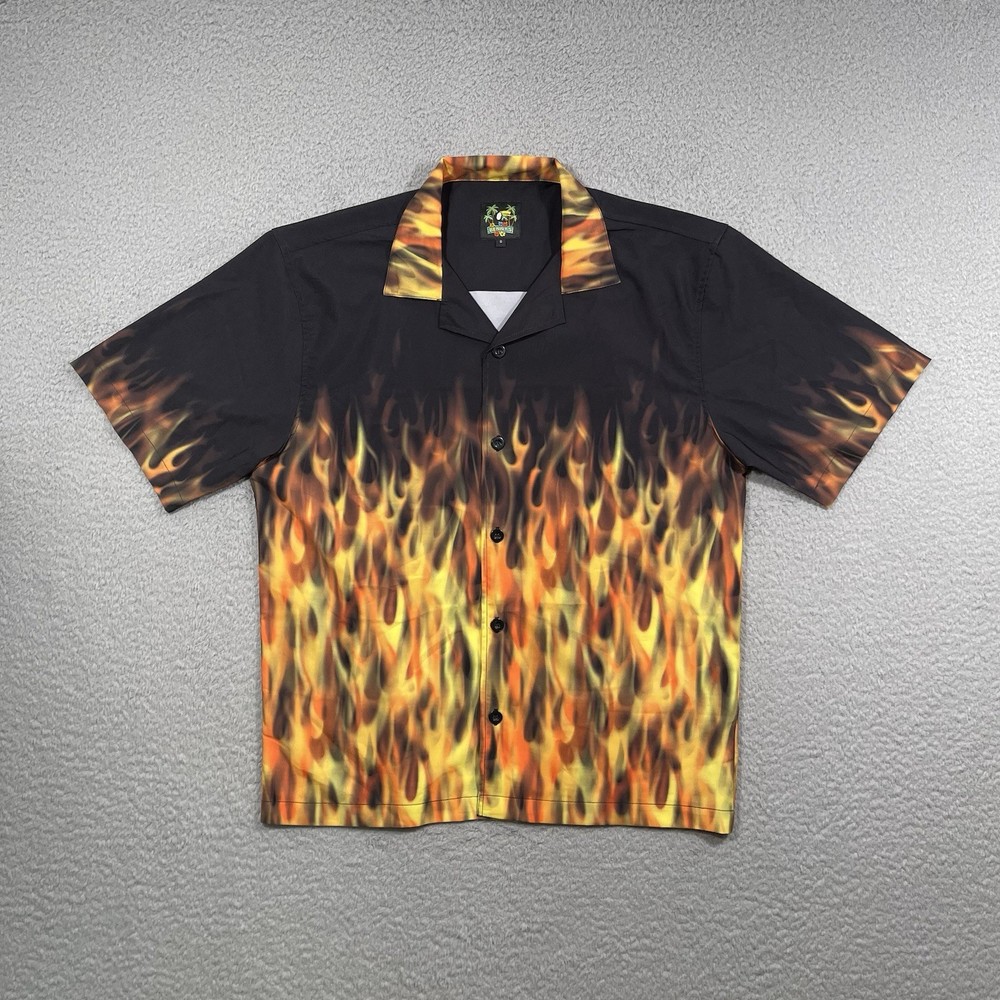 Benny’s Men’s Small Flames Fire Graphic Hawaiian Shirt Fieri Button Up Surf Shop
