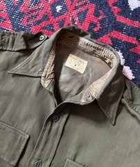 Vintage 1940s Gabardine Button Up Shirt Green Wool WWII Army Gusset M Size 15-35