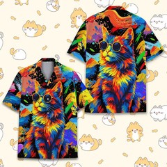 Colorful Cat Hawaiian Shirt Mens Womens Aloha Beach Fun