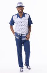 New Montique 2 Pc Walking Suit Short Sleeve Set White Navy Shirt L, 34 Pants