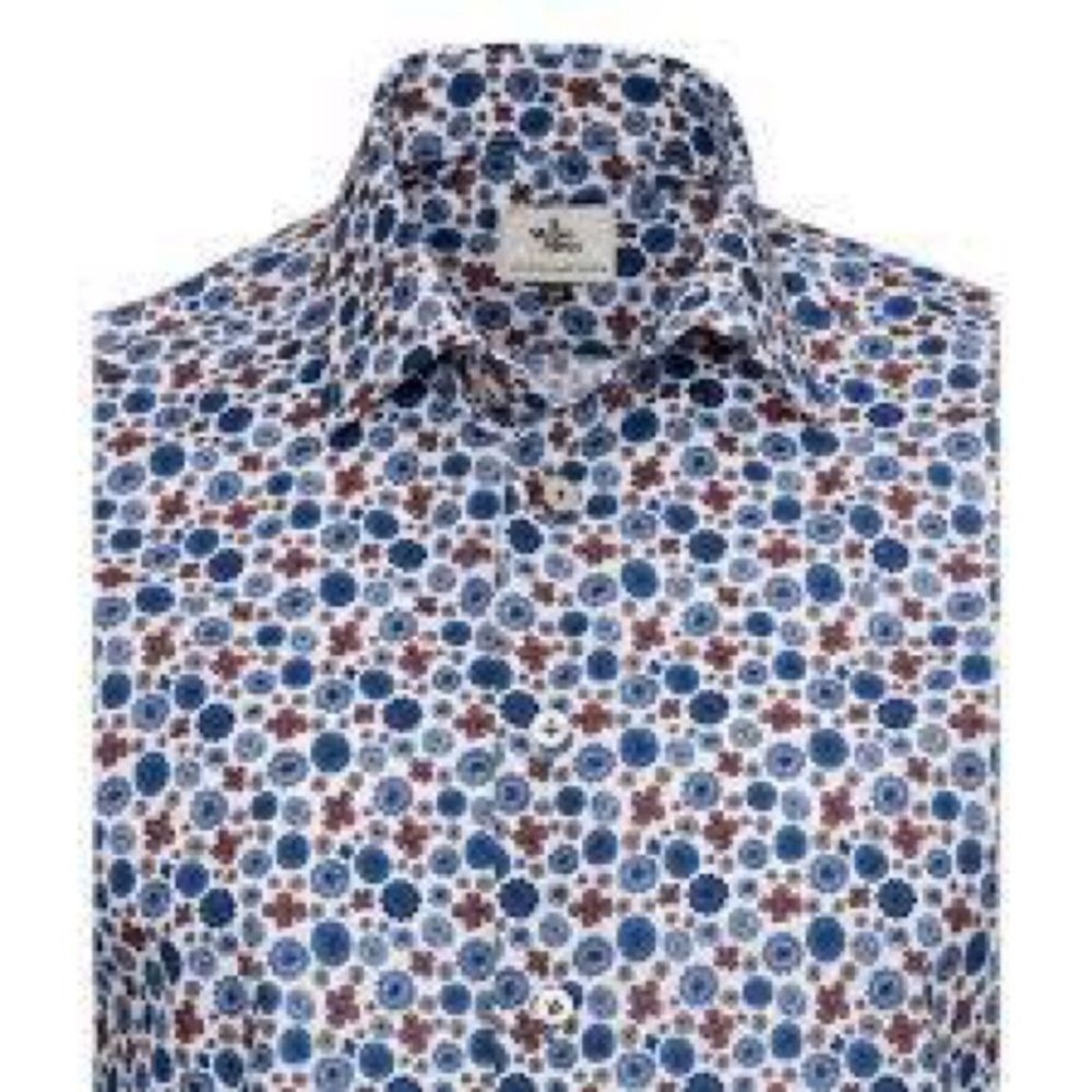 NWT Vustra Men’s Floral Pattern Button-Up Shirt – Blue & Orange Organic Cotton