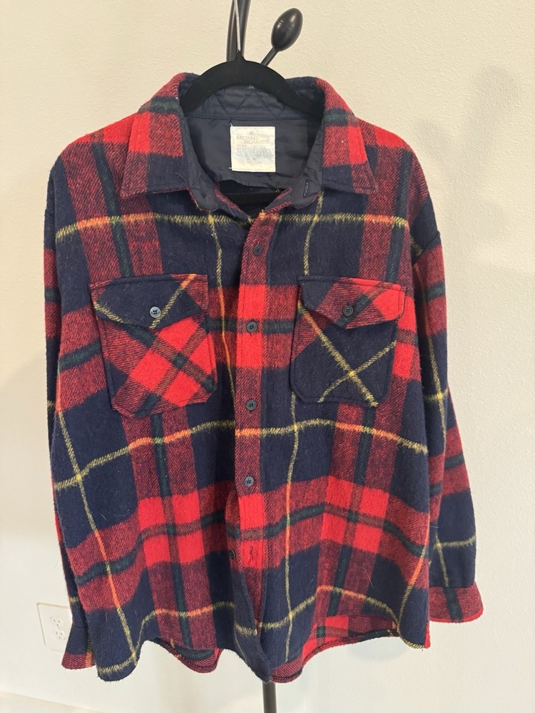 Michael Richards Wool Blend Flannel Jacket Shirt XL Red Navy Plaid 90s