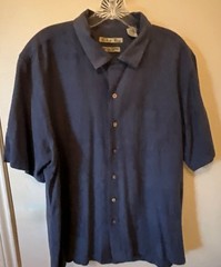 100% Silk Batik Bay Blue Jacquard Short Sleeve Button-Up Shirt Size Large