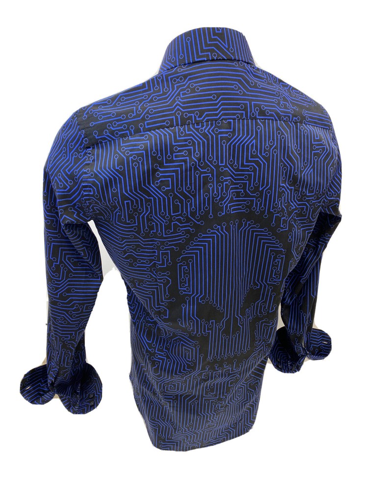 Men STEELO By ENVY Long Sleeve Button Up Dress Shirt BLUE SILKY SKULL ABSTRACT 5