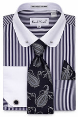 Mens Black White Pinstripe F/C Collar Bar Dress Shirt + Tie Set Karl Knox SX4557